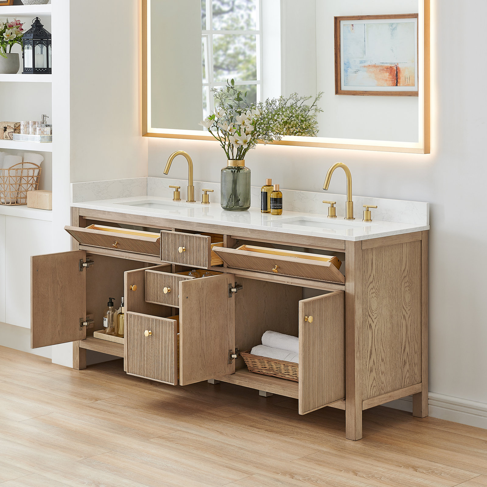Lala 72" Double Bathroom Vanity with Grain White Engineered Stone Countertop without Mirror, Nature Oak