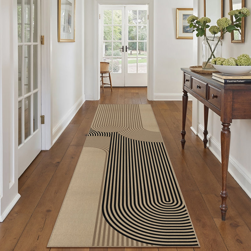 Geometric Striped Jute Area Rug in Black/Brown, Runner 2' x 8'