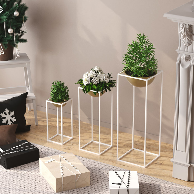 Ensemble de 3 pots décoratifs élégants en métal, blanc et or | 10,2 po x 31,5 po x 10,2 po, 8,7 po x 23,6 po x 8,7 po, 6,7 po x 15,7 po x 6,7 po | 100% métal durable, décoration intérieure élégante pour plantes d'intérieur | Aucune installation requise