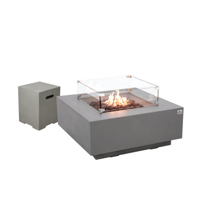 Brooklyn 40" Square Concrete Fire Pit with Wind Guard, Burner Lid, and Propane Tank Cover