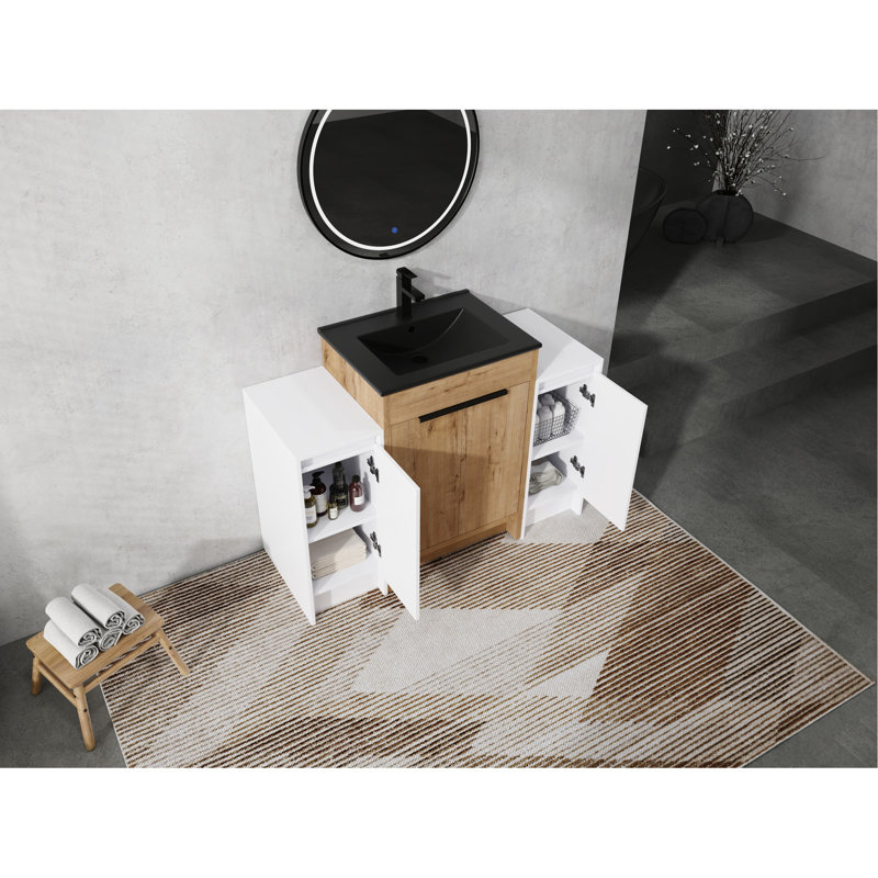 Ensemble de meuble-lavabo 48 po avec lavabo en céramique noire et 2 modules d'armoire de style moderne, Noir