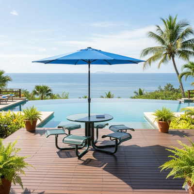 Parasol de patio bleu de 11 pieds avec éclairage à DEL, 8 nervures et manivelle pour profiter du jardin près de la piscine - auvent en aluminium, piscine inclinable de 45 po