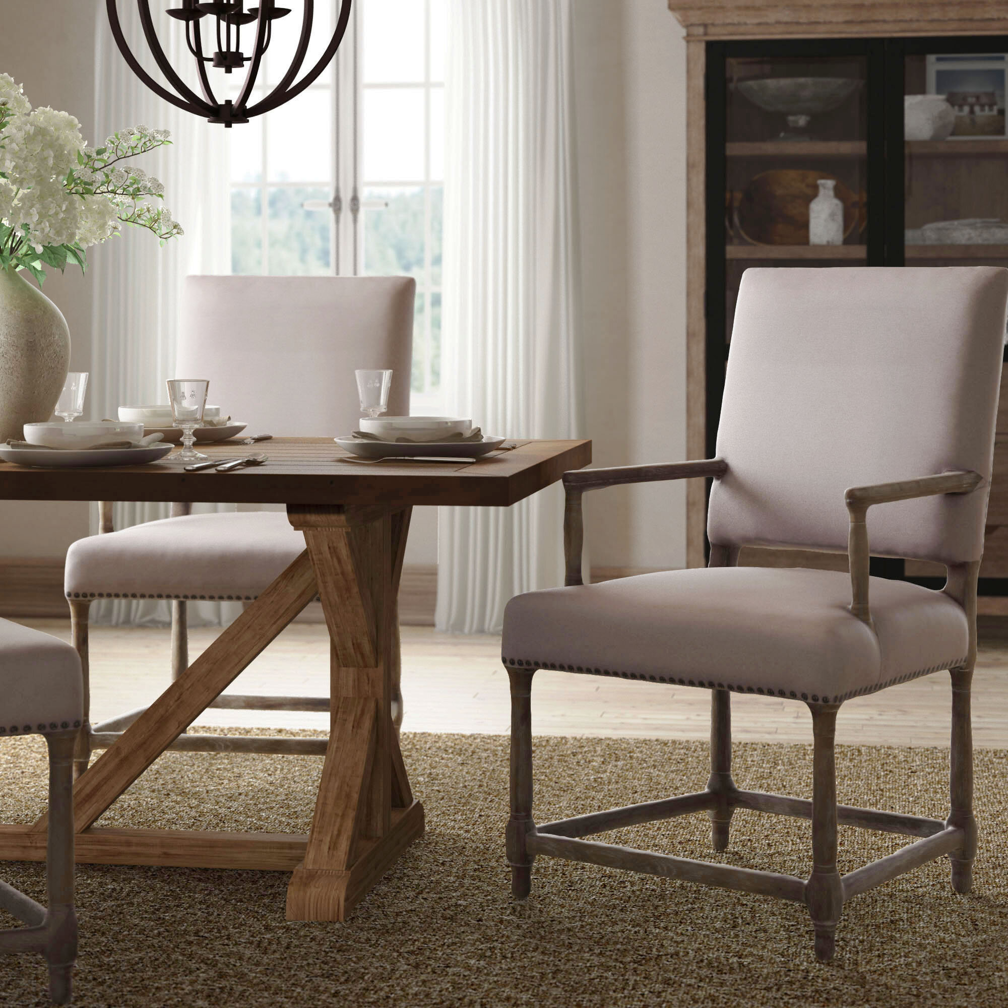 Jahidur King Louis Solid Wood Back Arm Chair (Set of 2) Gracie Oaks Frame Color: Natural, Upholstery Color: Beige