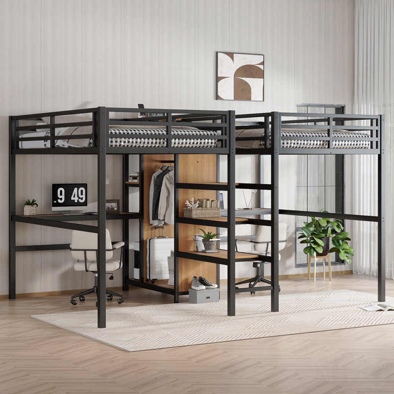 Twin Over Twin Metal Material Loft Bed Frame With Double Desk And With Built-In Wardrobe Storage And Shelves With Electrical Outlet For Space Saving And Noise Reduction, Woodgrain