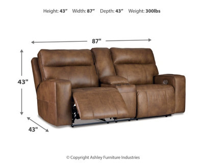 Caramel Brown Leather Power Reclining Loveseat with Cup Holder