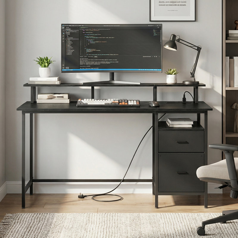 Daimar Metal Base Computer Desk with Power Outlet, 90cm H x 135cm W x 55cm D, Ebony Black