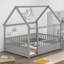 Lit pleine grandeur en bois pour enfants, lit plateforme Montessori avec toit et clôture, gris-130167180-130167183