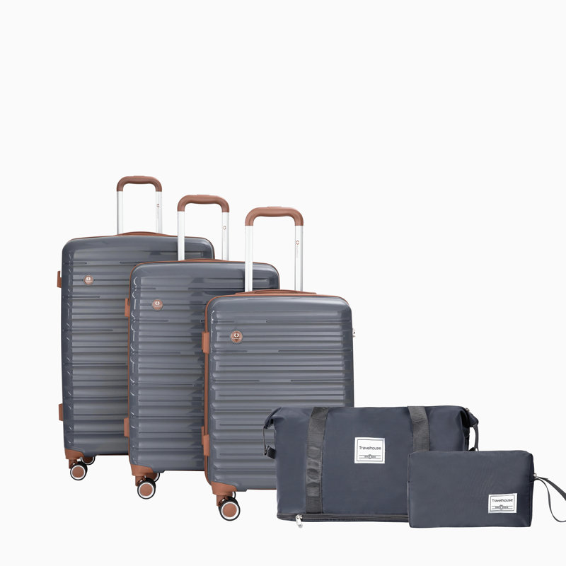 Ensemble de 5 valises, ensemble de valises rigides en PP avec serrure TSA et roulettes durables (20 "24" 28 + un sac de voyage et une trousse de toilette, gris foncé)