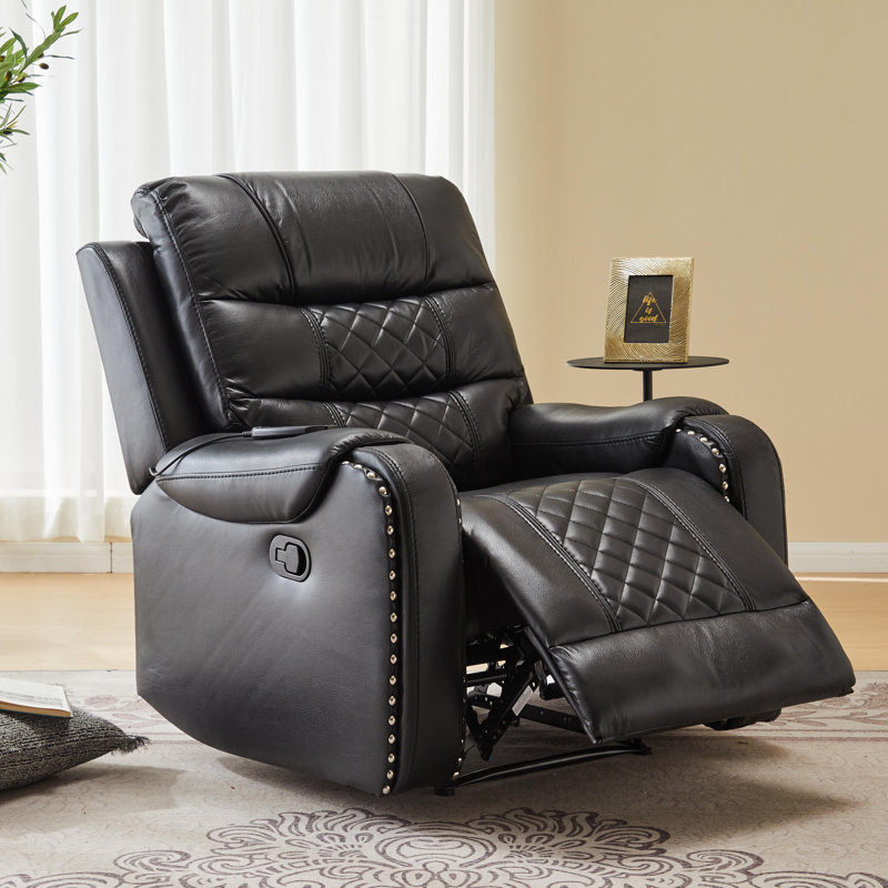 PU Leather Manual Massage and Heat Recliner Chair Single Sofa with Diamond Stitching, Black