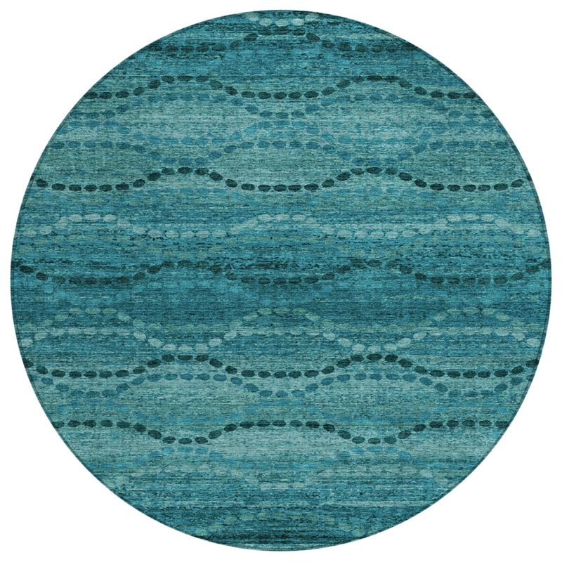 Machine Washable Indoor/Outdoor Xhevrie Turquoise Rug, Round 8'