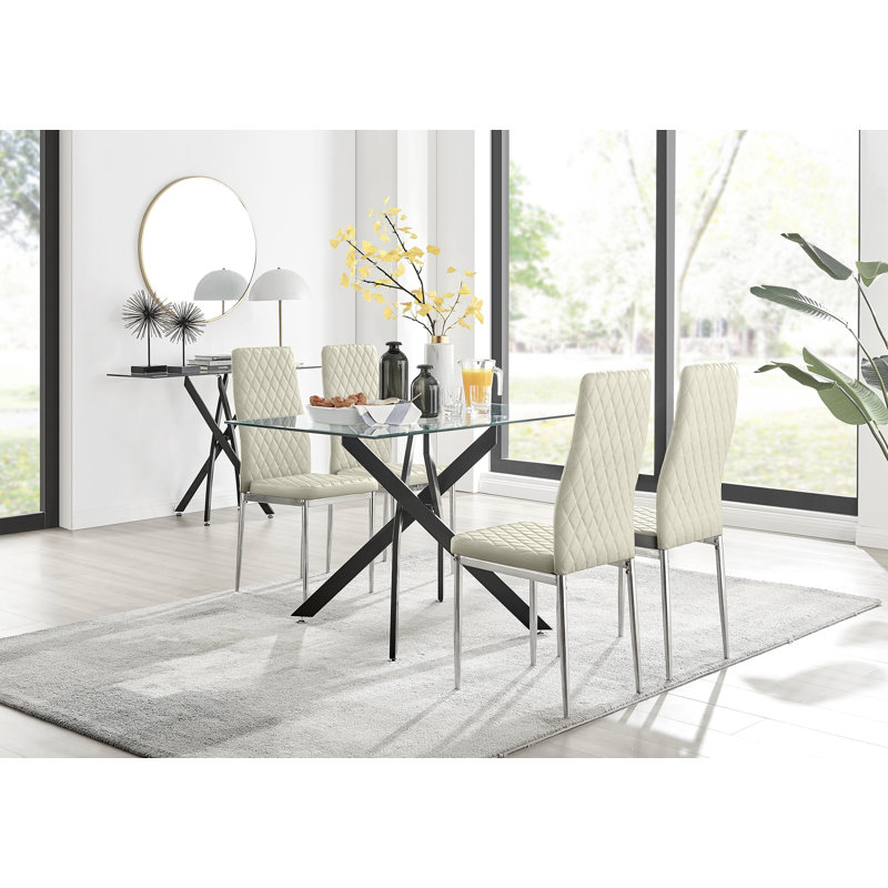 Lenworth Glass Rectangular Dining Table Set with 4 Quilted Velvet Dining Chairs, Cream, Silver