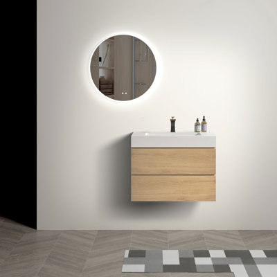 Armoire de rangement pour salle de bain en chêne naturel - fixée au mur avec une cuve brillante et des compartiments supplémentaires