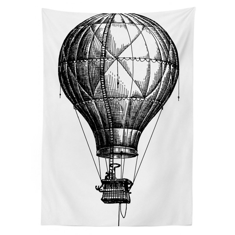 Ambesonne Sketchy Tablecloth, Big Hot Air Balloon In The Sky Vintage Style Travel And Transportation Theme Art, Rectangular Table Cover For Dining Room Kitchen Decor, 52" X 70", Black White