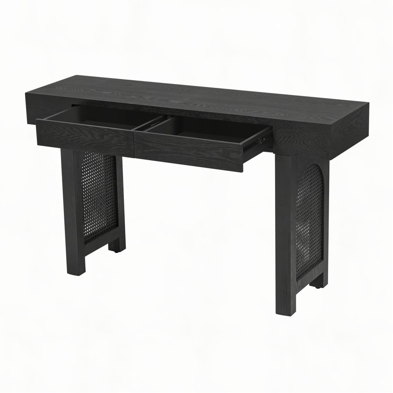 Narrow Console Table with Rattan Accent, Wood Finish Entryway Table with Storage Drawers, Stylish Rustic Sofa Table for Living Room and Hallway 