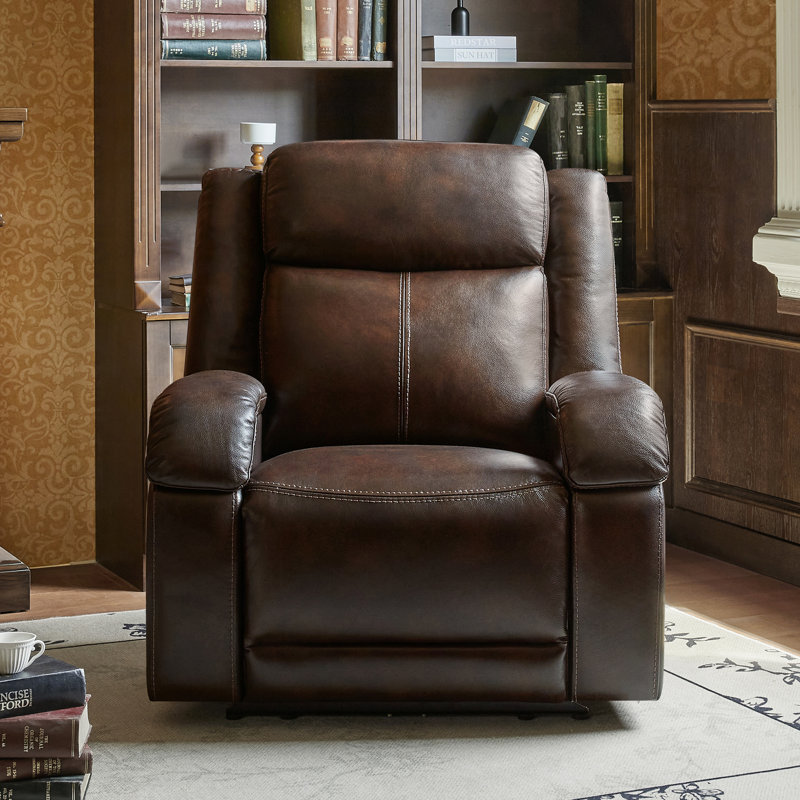 Oversized Genuine Leather Zero Wall Power Recliner with Adjustable Headrest, Brown
