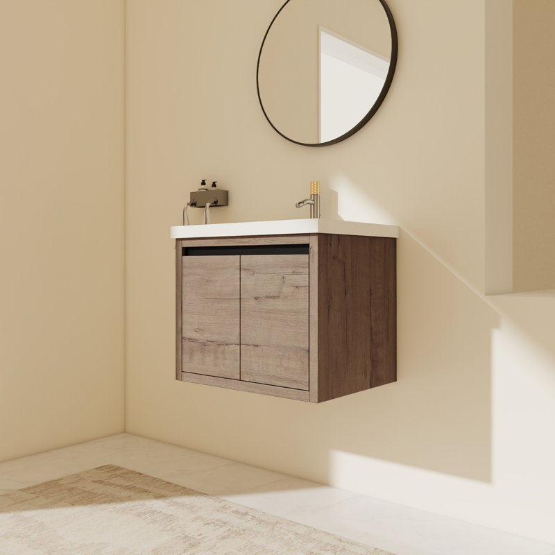Meuble-lavabo mural simple 23,63 po avec plateau en résine Haisten, Imitation chêne
