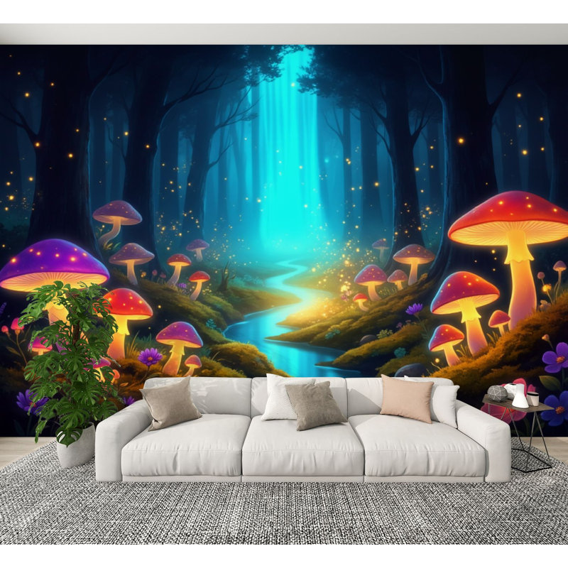 Papier peint auto-adhésif Magical Forest Path Glowing Mushroom Mystical Light 100 po x l 144 po pour chambre à coucher, salon, bureau à domicile