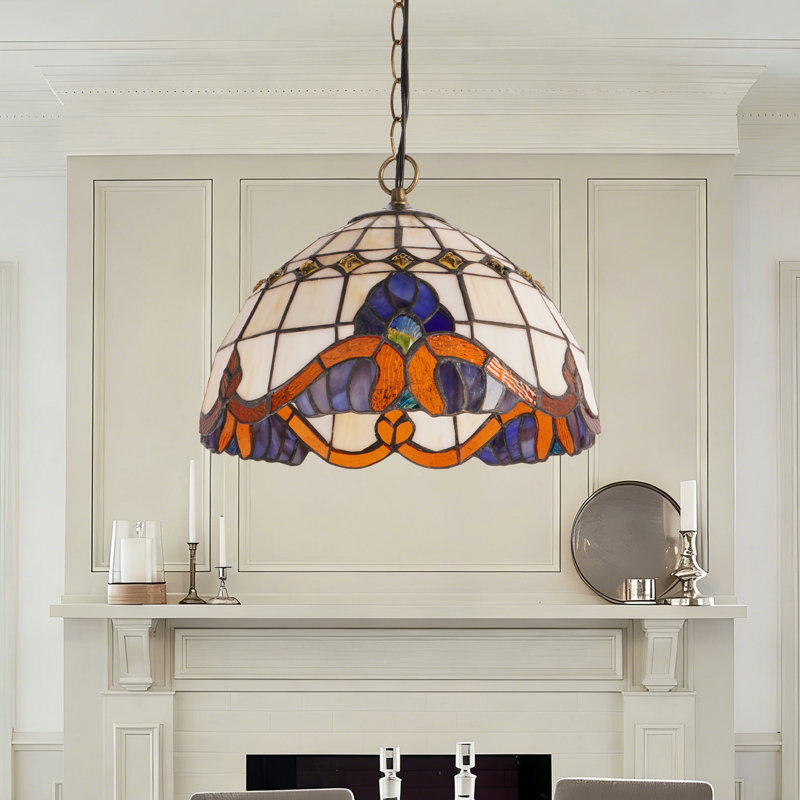 Luminaire suspendu en verre coloré style Tiffany avec chaîne en bronze antique