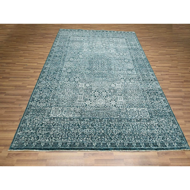 Tapis oriental bleu sarcelle en laine noué à la main 7 pi 11 po x 10 pi 3 po - MOA10276551