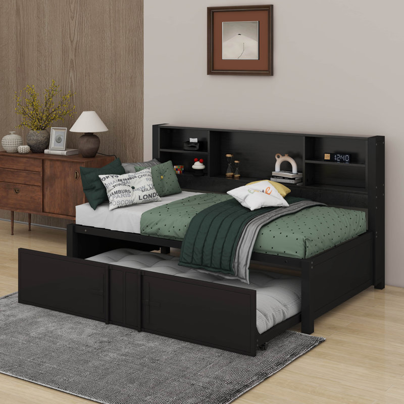 Metal Twin Size Daybed With Trundle, Shelves And USB, Black