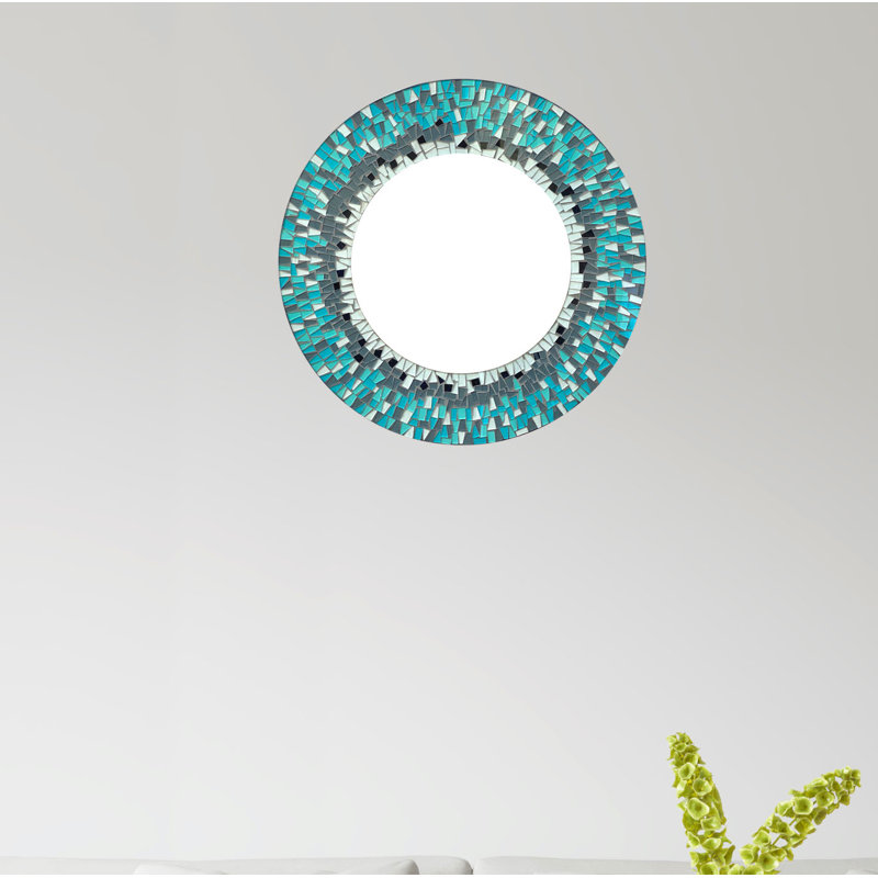 Zorigs Mosaic Mirror, Wall Art Décor – Handcrafted Decorative Wall Mirror, Sky Blue and Teal Mosaic, 24” Frame, 14" Round Mirror for Hallway, Bedroom, Bathroom, Living Room