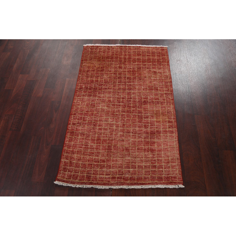 Tapis rouge en laine noué à la main de conception unique 2 pi 7 po x 4 pi 1 po Muspelheim