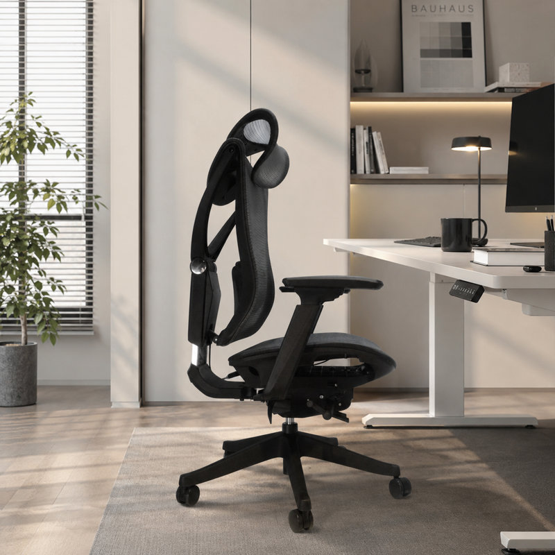 Black large, high-back office chair with a 300 lb weight capacity; features adjustable lumbar support, headrest, and 4D armrests, a sliding seat, and a maximum recline of 115°.