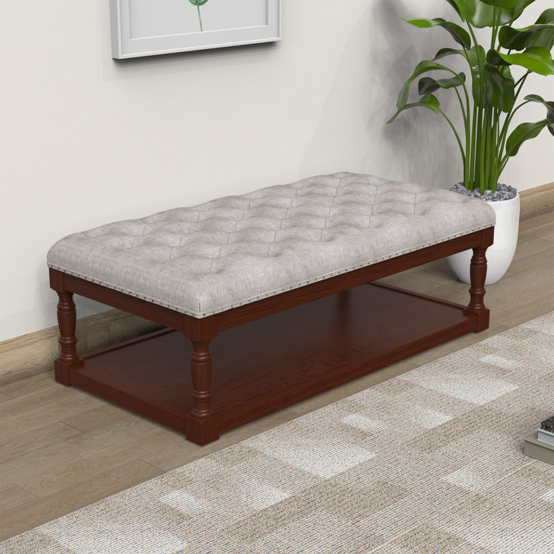 Natural Linen Tufted Cocktail Ottoman with Brown Wooden Frame