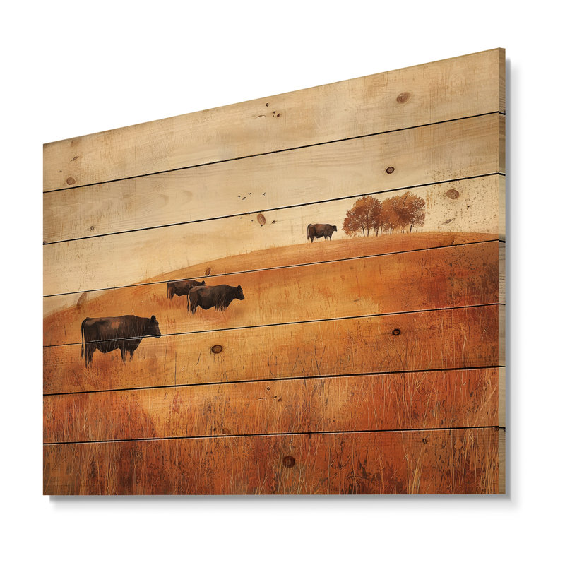Vaches dans les champs d'automne I - Art mural en bois campagne - sur bois de pin naturel, H 34 po x l 44 po x P 0,78 po
