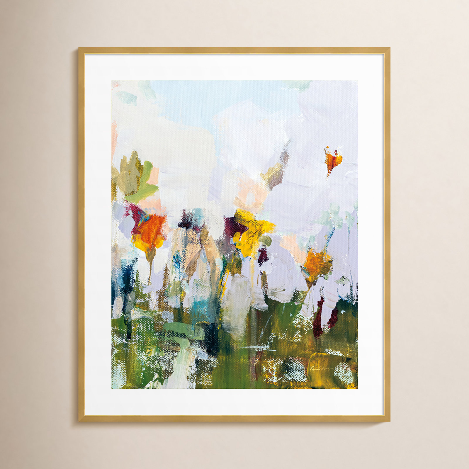 Spontaneous Summer Flowers Painting, 41.25" H x 34.42" W x 0.88" D, Gold