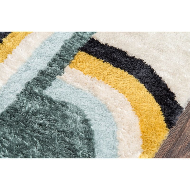 Tapis jaune / ivoire / vert viridian touffeté à la main Alstrom, Rectangle 7 pi 6 po x 9 pi 6 po