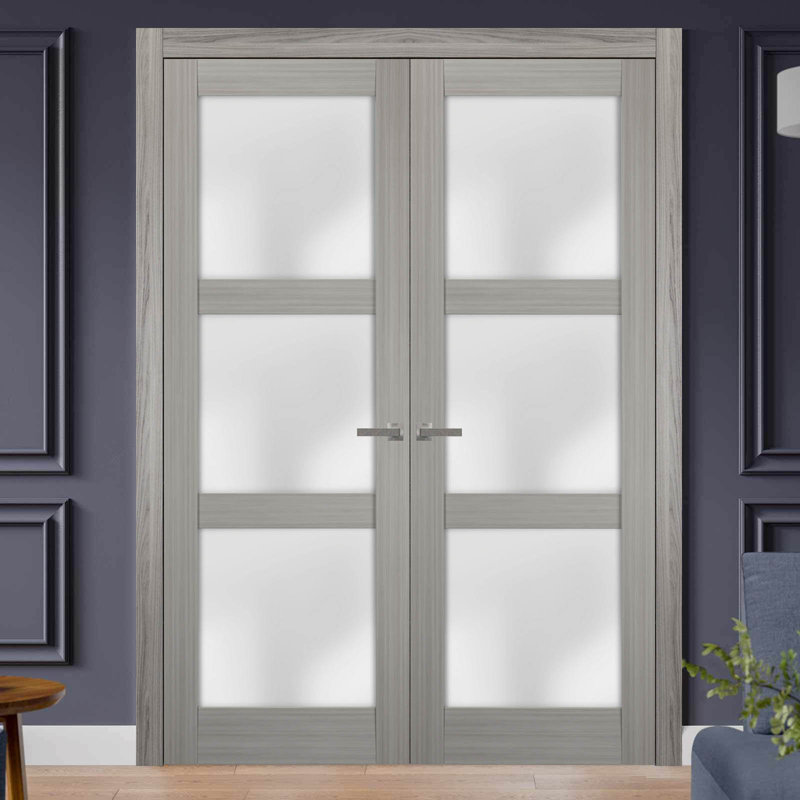 Portes françaises en verre givré Lucia, 60 po x 80 po, Bois de frêne gris