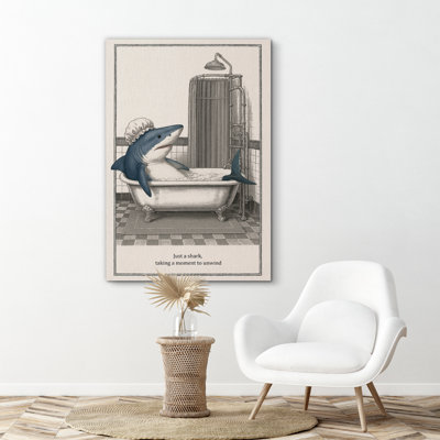 «Relaxing Shark in Bathaign», reproduction d'art encadrée humoristique pour salle de bain côtière ou décor de salle d'eau à thème nautique
