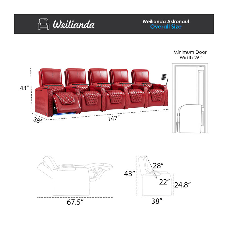Haiylee Zero Gravity Home Theater Seating Top Grain Leather Recliner Sofa Power Headrest Footrest, Red Genuine Leather