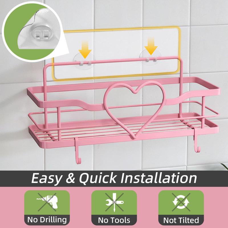 Serviteur de douche rose avec 4 crochets amovibles, paquet de 2 tablettes de douche Sweet Heart, tablette de rangement sans perçage pour salle de bain, cuisine, chambre à coucher