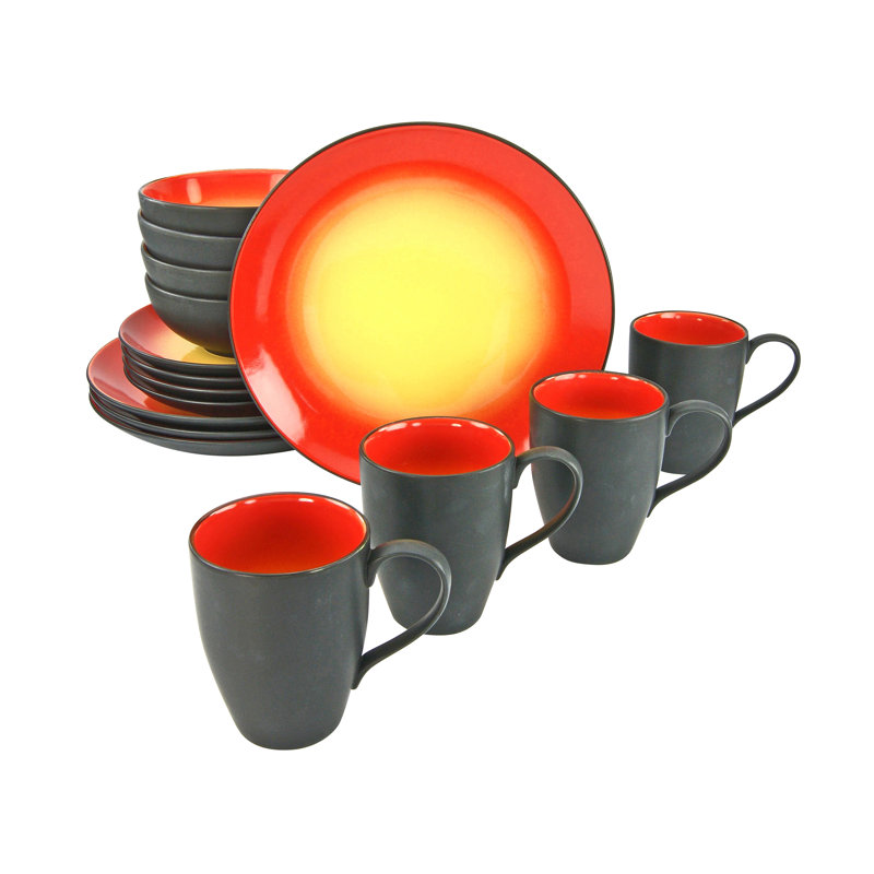16 Piece Dinnerware Set, Service for 4, Black/Red/Yellow