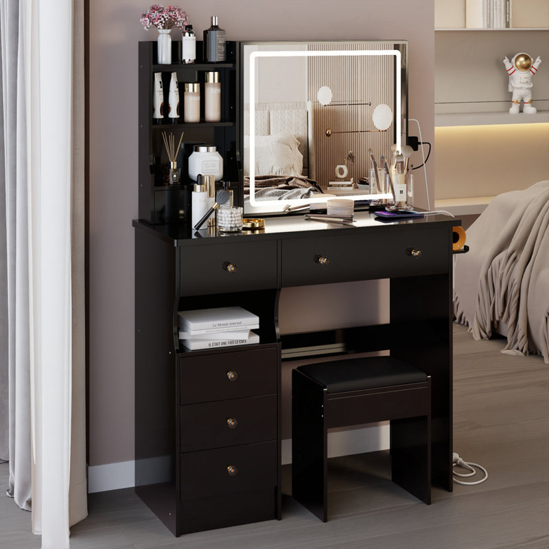 Ensemble de coiffeuse et tabouret de bureau avec support pour sèche-cheveux et 6 tiroirs, Noir, noir, noir, noir