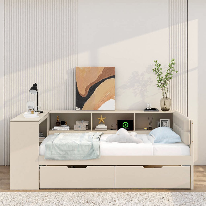 Lit plateforme gris avec rangement et tête de lit tapissier, tablettes et tiroirs USB, Lit double, Crème