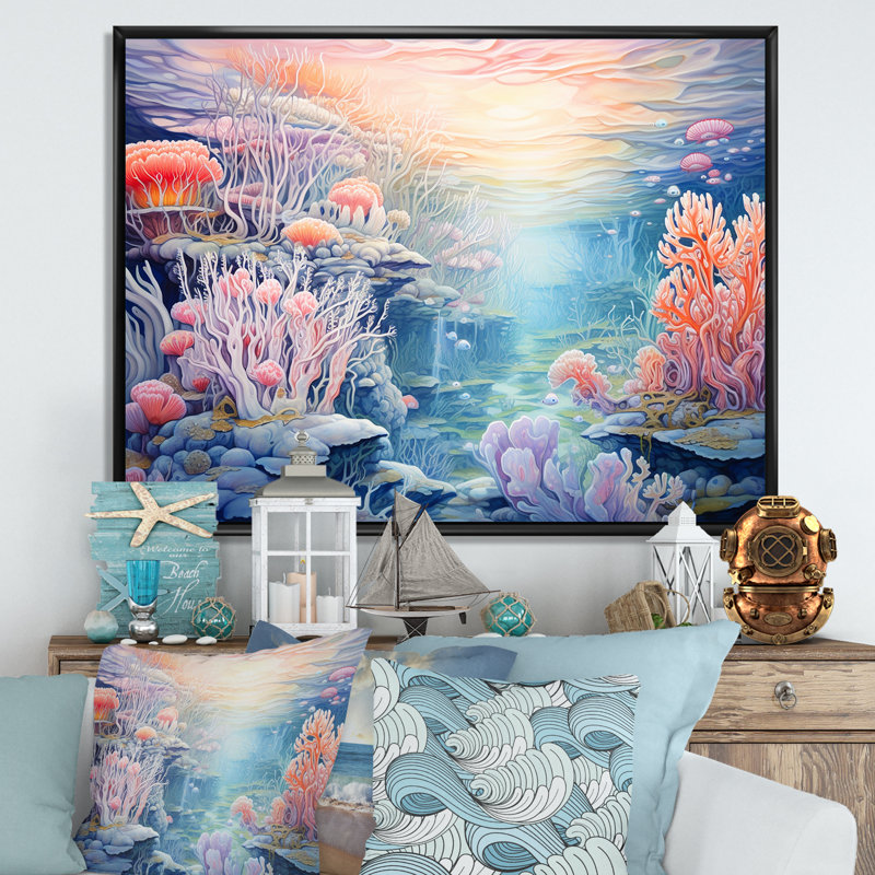 «Turquoise and Pink Underwater World I», reproduction sur toile, H 12 po x l 20 po x P 1 po, Cadre flottant noir