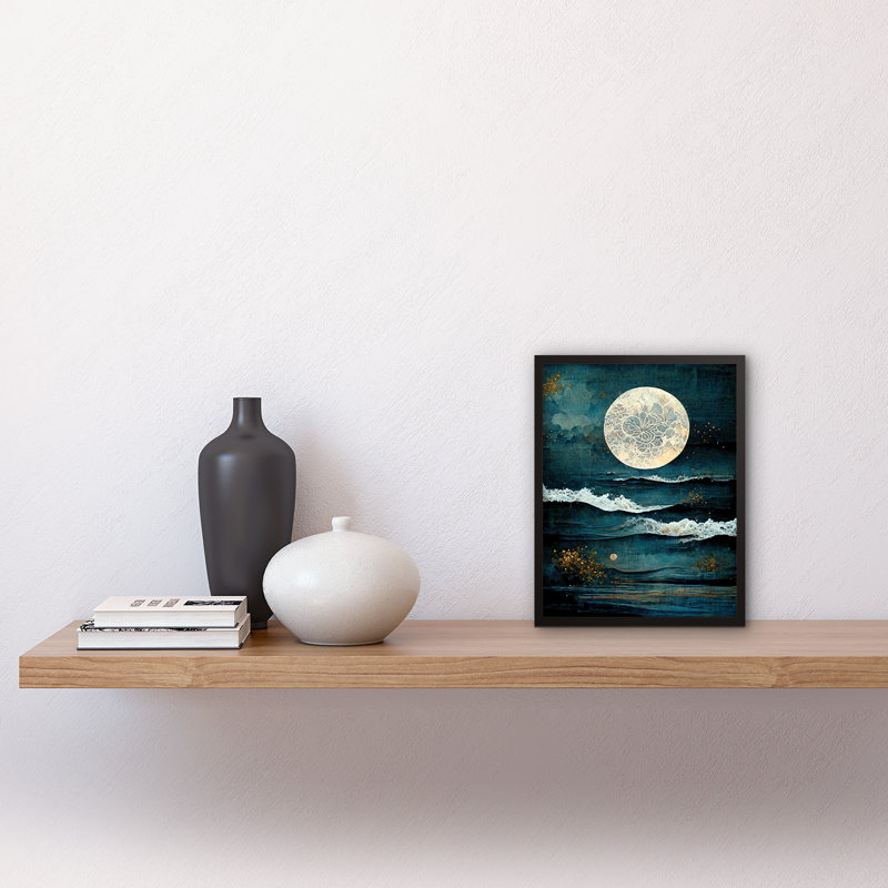 Lauderdale Large Full Moon Seascape Golden Algae Wave Foam - Single Picture Frame Print