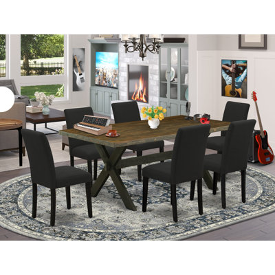 7 Piece Dining Set Consist of a Rectangle Dining Room Table with X-Legs and 6 Black Color Linen Fabric Upholstered Chairs, Wire brushed Black
