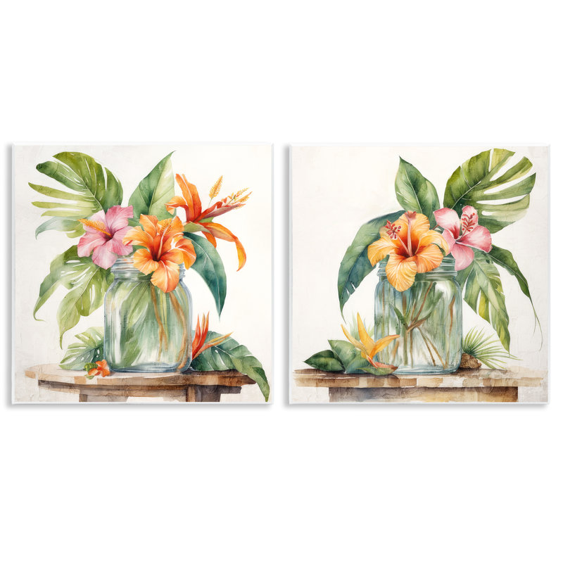 Ensemble de 2 plaques murales tropicales avec hibiscus floral par Kim Allen