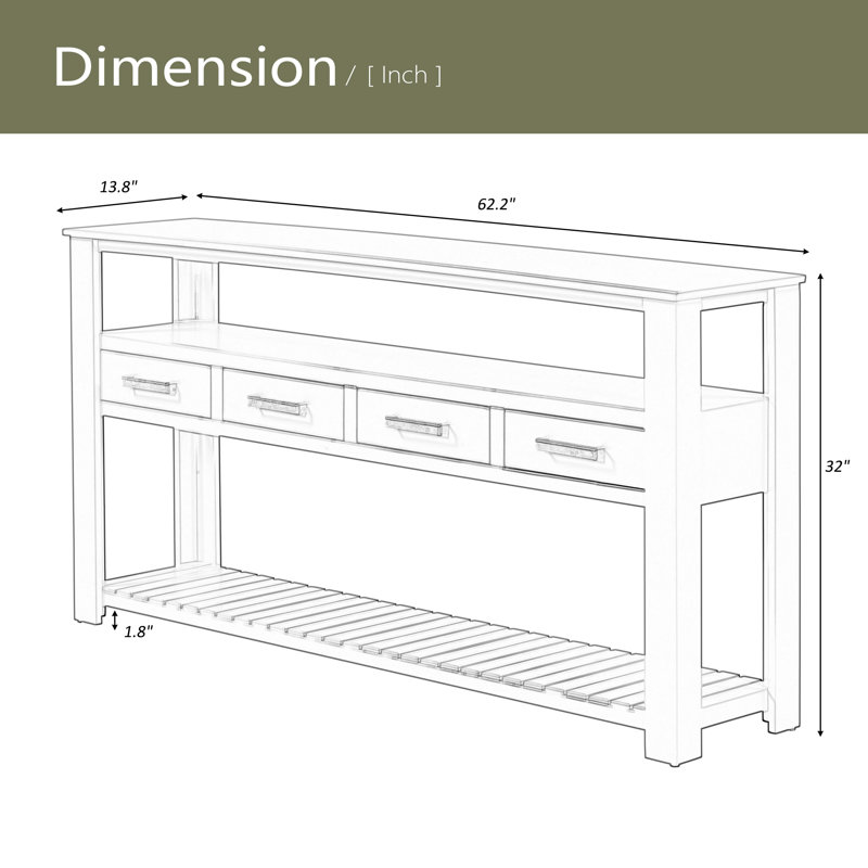 62.2''Large Entryway Table With 4 Drawers,Painted Console Table With 3-Tier Open Shelves And Metal Handles, Black