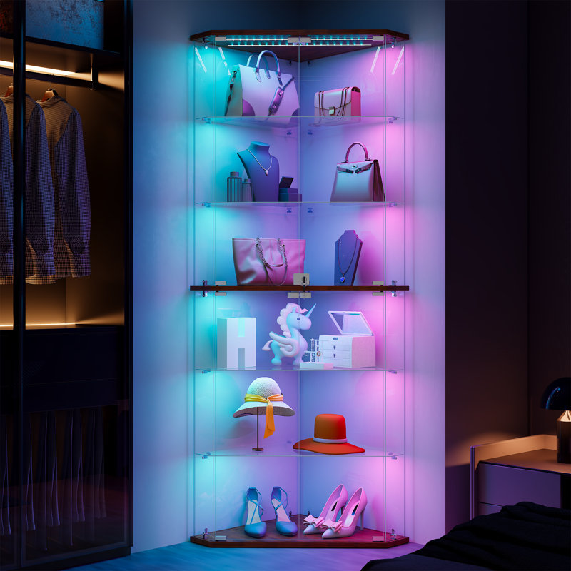 Solid Wood Corner Showcase Cabinet with RGB Lighting, Lockable Tall Curio Cabinet, Browm