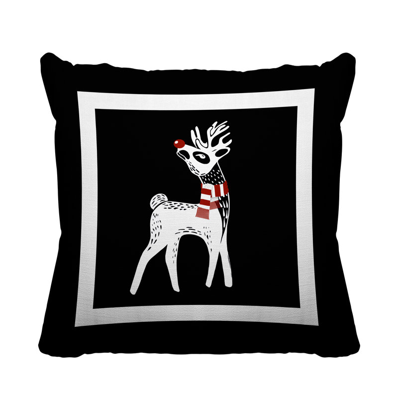 Coussin décoratif intérieur / extérieur Folk Christmas Reindeer, L 17 po x H 17 po, Noir