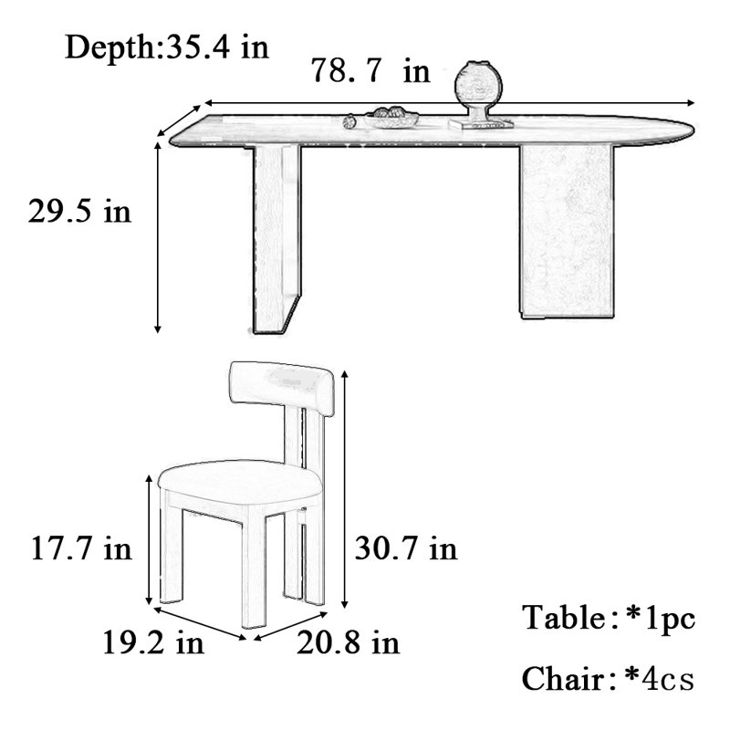Ensemble de salle à manger rectangulaire semi-ovale, H 29,5 po x L 78,7 po x l 35,4 po