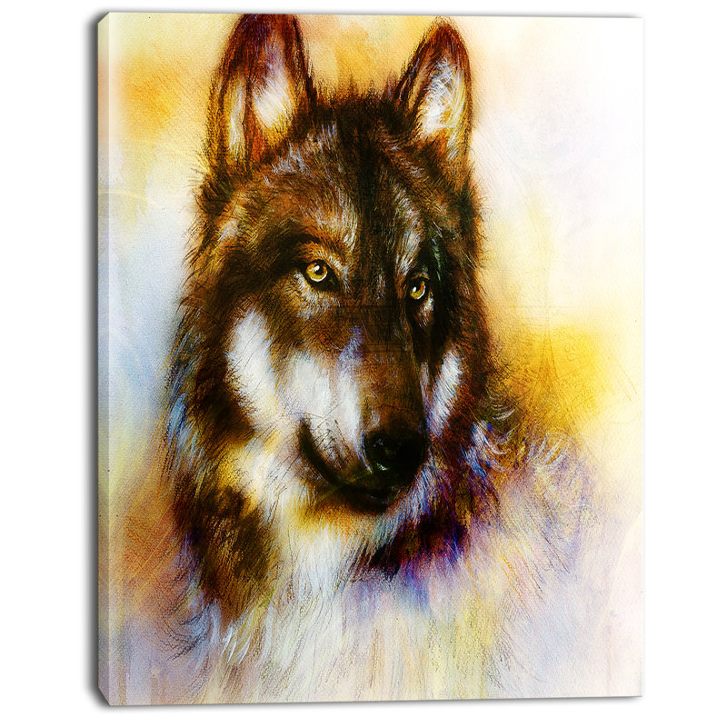 « brown loup illustration », peinture en brun/jaune, H 32 po x l 16 po x P 1 po, Toile tendue