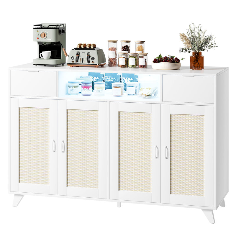  Modern Rattan Sideboard Buffet Cabinet – 47" 4-Door Storage with 2 Drawers, LED Lighting, Power Outlets & Adjustable Shelves – Spacious Wooden Kitchen & Dining Furniture – White