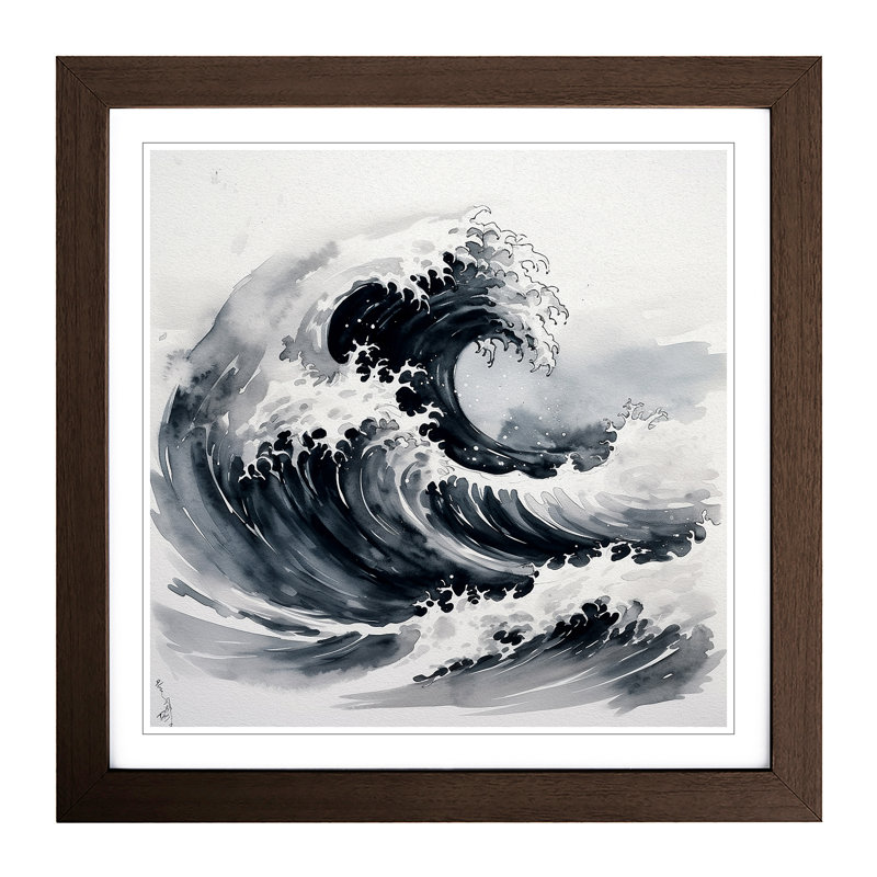 Japanese Wave Ink Wash - Framed Print, Walnut