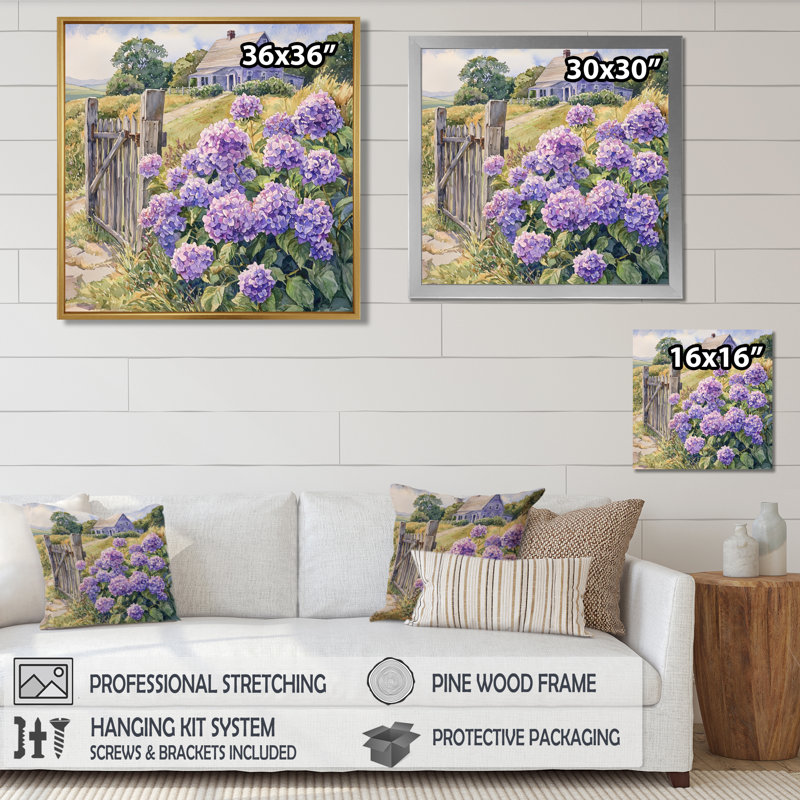 Hydrangeas by The Farmhouse Fence - Hydrangea, art mural encadré, Toile tendue, Ne s’applique pas, H 30 po x l 30 po
